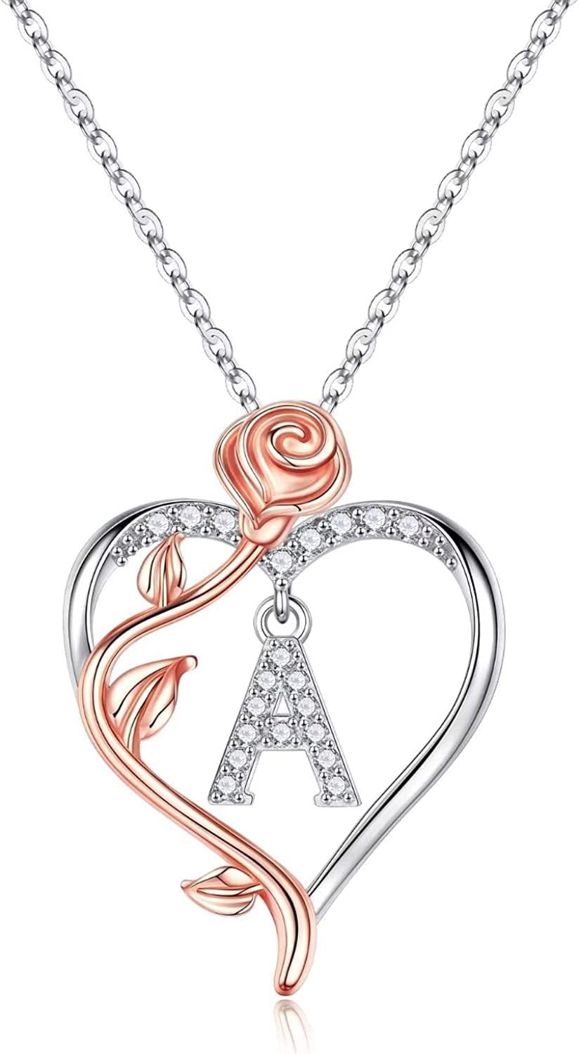 Rose Heart Initial Necklaces Gifts for Women Teen Girls, Rose Love Heart Letter Pendant Necklace Jewelry Mothers Day Valentines Anniversary Birthday Gifts for Her Women Wife Girlfriend Mom A