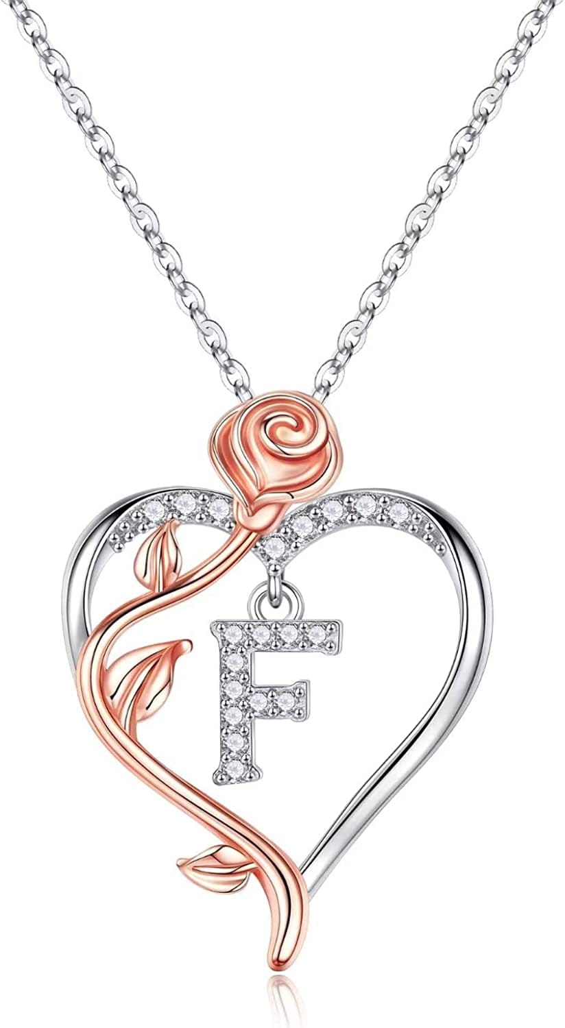 Rose Heart Initial Necklaces Gifts for Women Teen Girls, Rose Love Heart Letter Pendant Necklace Jewelry Mothers Day Valentines Anniversary Birthday Gifts for Her Women Wife Girlfriend Mom F