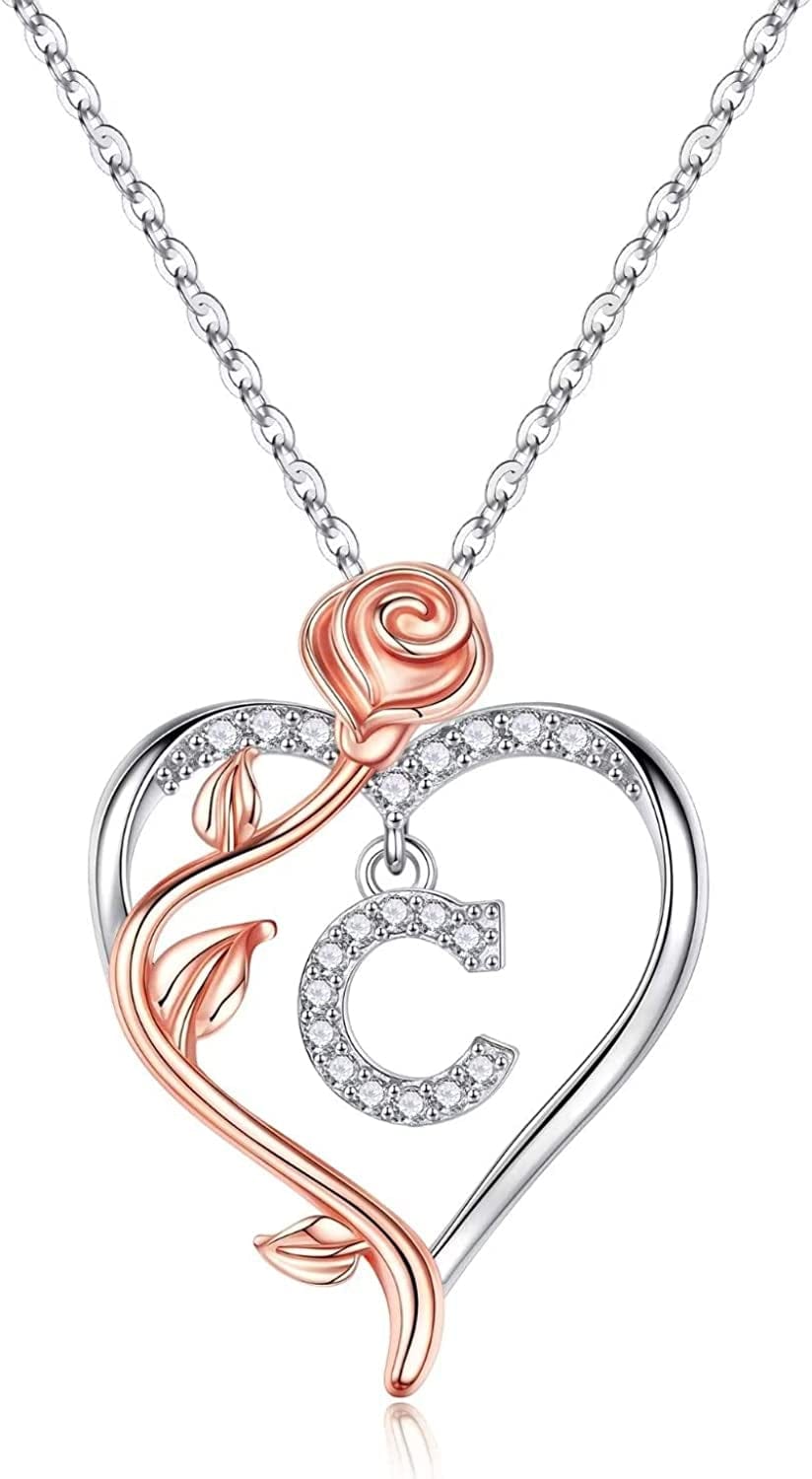 Rose Heart Initial Necklaces Gifts for Women Teen Girls, Rose Love Heart Letter Pendant Necklace Jewelry Mothers Day Valentines Anniversary Birthday Gifts for Her Women Wife Girlfriend Mom C