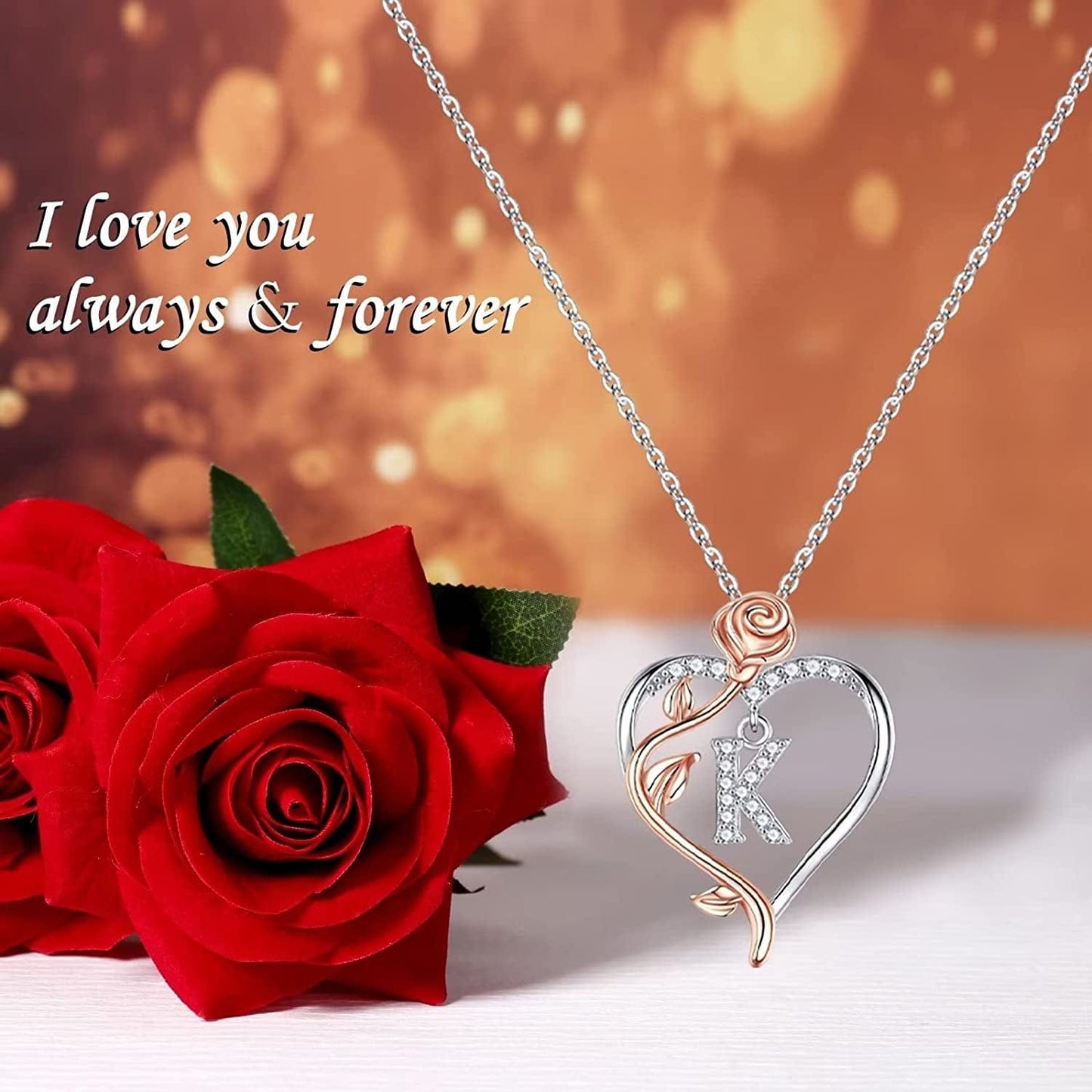 Rose Heart Initial Necklaces Gifts for Women Teen Girls, Rose Love Heart Letter Pendant Necklace Jewelry Mothers Day Valentines Anniversary Birthday Gifts for Her Women Wife Girlfriend Mom