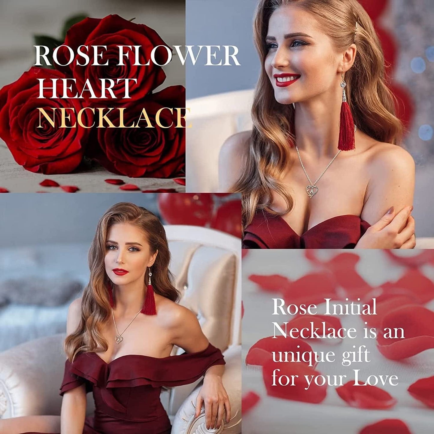 Rose Heart Initial Necklaces Gifts for Women Teen Girls, Rose Love Heart Letter Pendant Necklace Jewelry Mothers Day Valentines Anniversary Birthday Gifts for Her Women Wife Girlfriend Mom