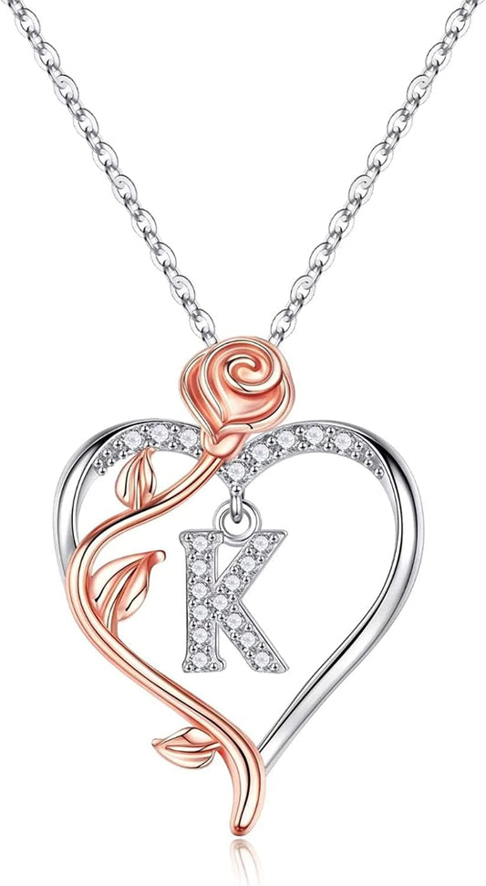 Rose Heart Initial Necklaces Gifts for Women Teen Girls, Rose Love Heart Letter Pendant Necklace Jewelry Mothers Day Valentines Anniversary Birthday Gifts for Her Women Wife Girlfriend Mom K