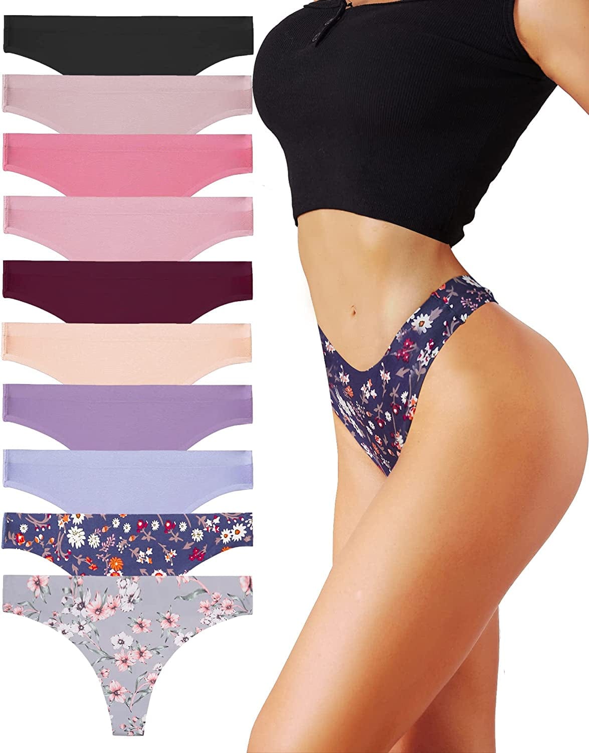 ROSYCORAL 10 Pack Seamless Thongs for Women Breathable Low Rise Panties Invisible Hipster Underwear Thong No Show XS-XL 10pcs a / Large