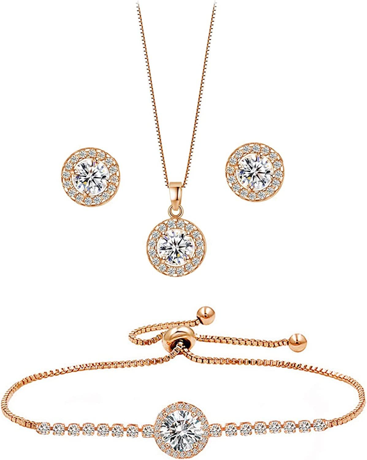 round Earrings Necklace Bracelet Jewelry Set for Women Bridal Bridesmaid Party Prom Daily Rose Gold