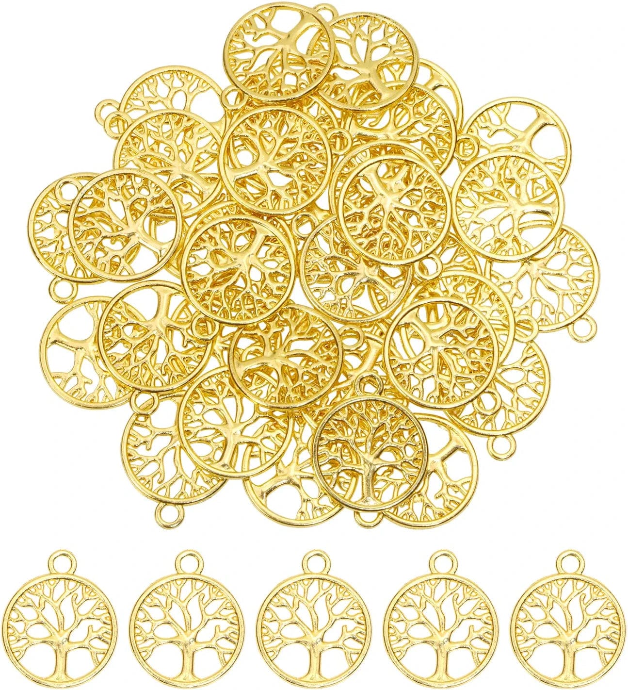 round Metal Tree of Life Charms Pendants Beads Bulk Jewelry Findings Making Accessory for DIY Craft Bracelet Necklace Earring Keychain, 50PCS (Antique Silver) Gold