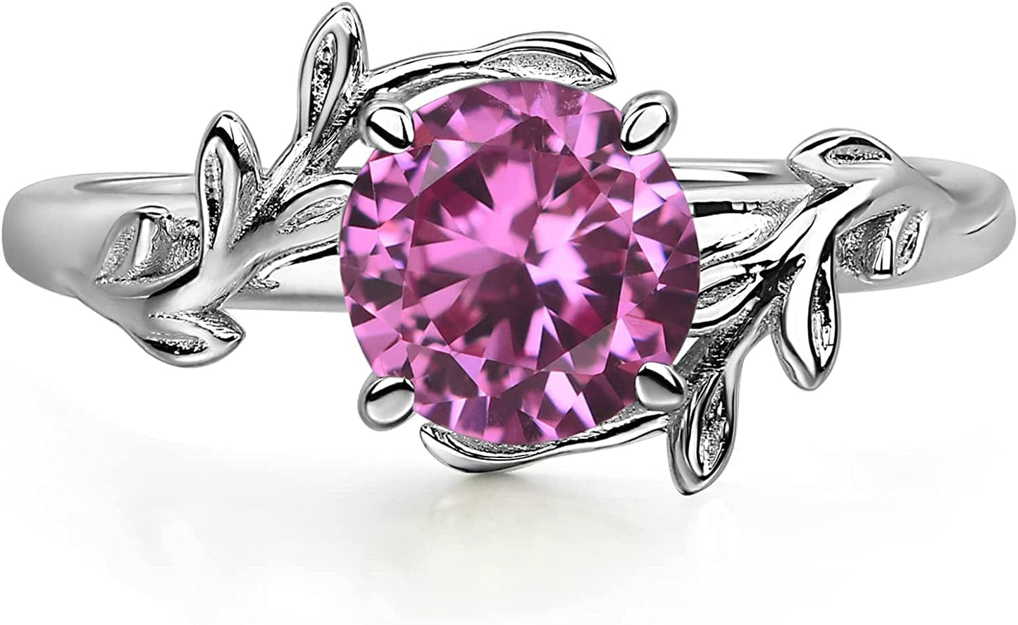 Round Shaped 7 MM Retro Gemstone Branch Statement Ring 925 Sterling Silver Birthstone Ring for Women Created Pink Sapphire / 12
