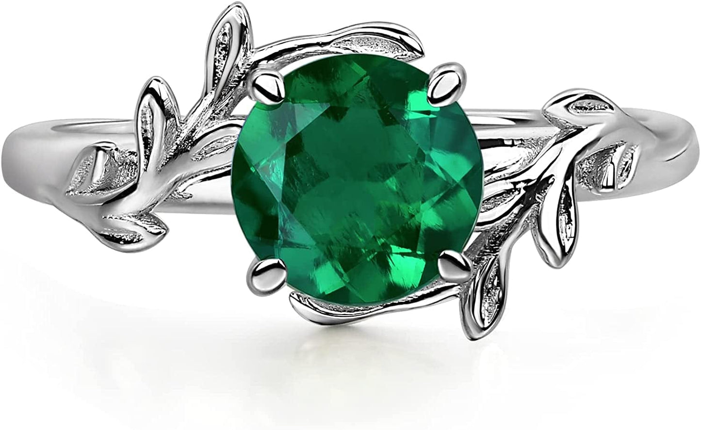 Round Shaped 7 MM Retro Gemstone Branch Statement Ring 925 Sterling Silver Birthstone Ring for Women Created Emerald / 12