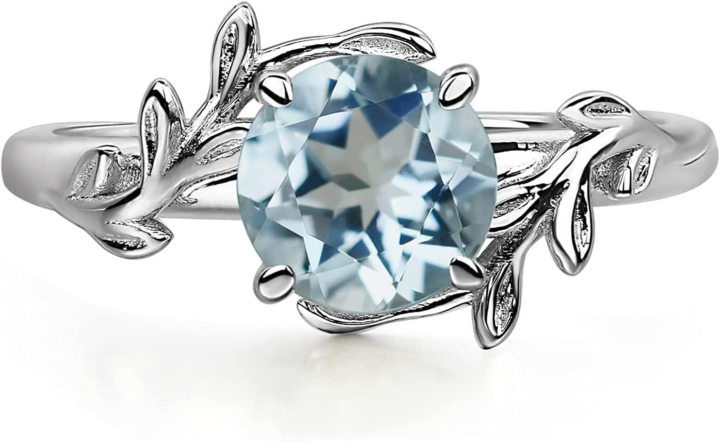 Round Shaped 7 MM Retro Gemstone Branch Statement Ring 925 Sterling Silver Birthstone Ring for Women Aquamarine / 8