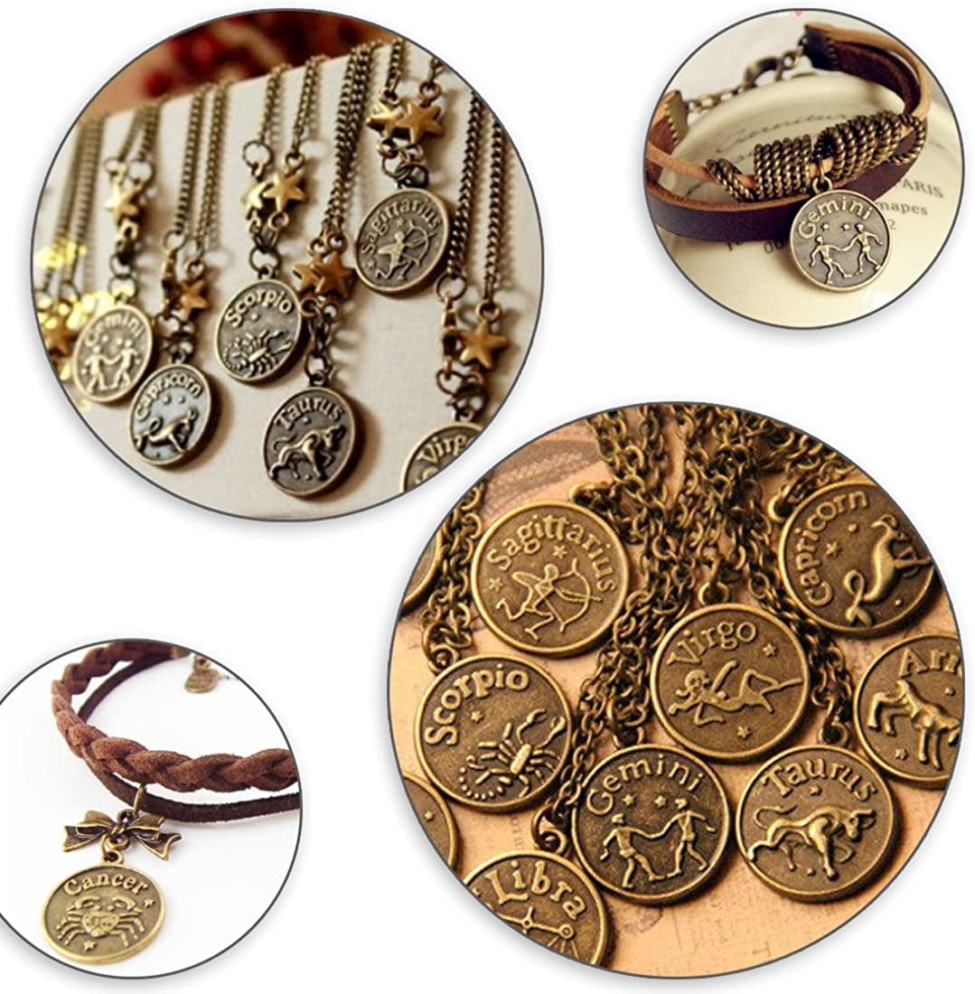 Round Zodiac Sign Charms 12 Constellation Pendants Beads DIY for Necklace Bracelet Jewelry Making and Crafting, 12 PCS Antique Tibetan Silver