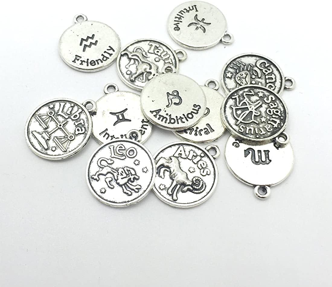 Round Zodiac Sign Charms 12 Constellation Pendants Beads DIY for Necklace Bracelet Jewelry Making and Crafting, 12 PCS Antique Tibetan Silver