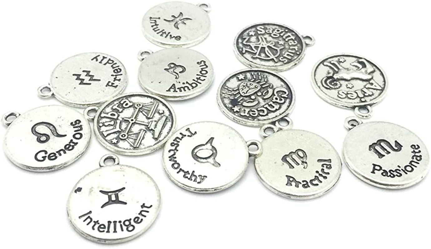 Round Zodiac Sign Charms 12 Constellation Pendants Beads DIY for Necklace Bracelet Jewelry Making and Crafting, 12 PCS Antique Tibetan Silver