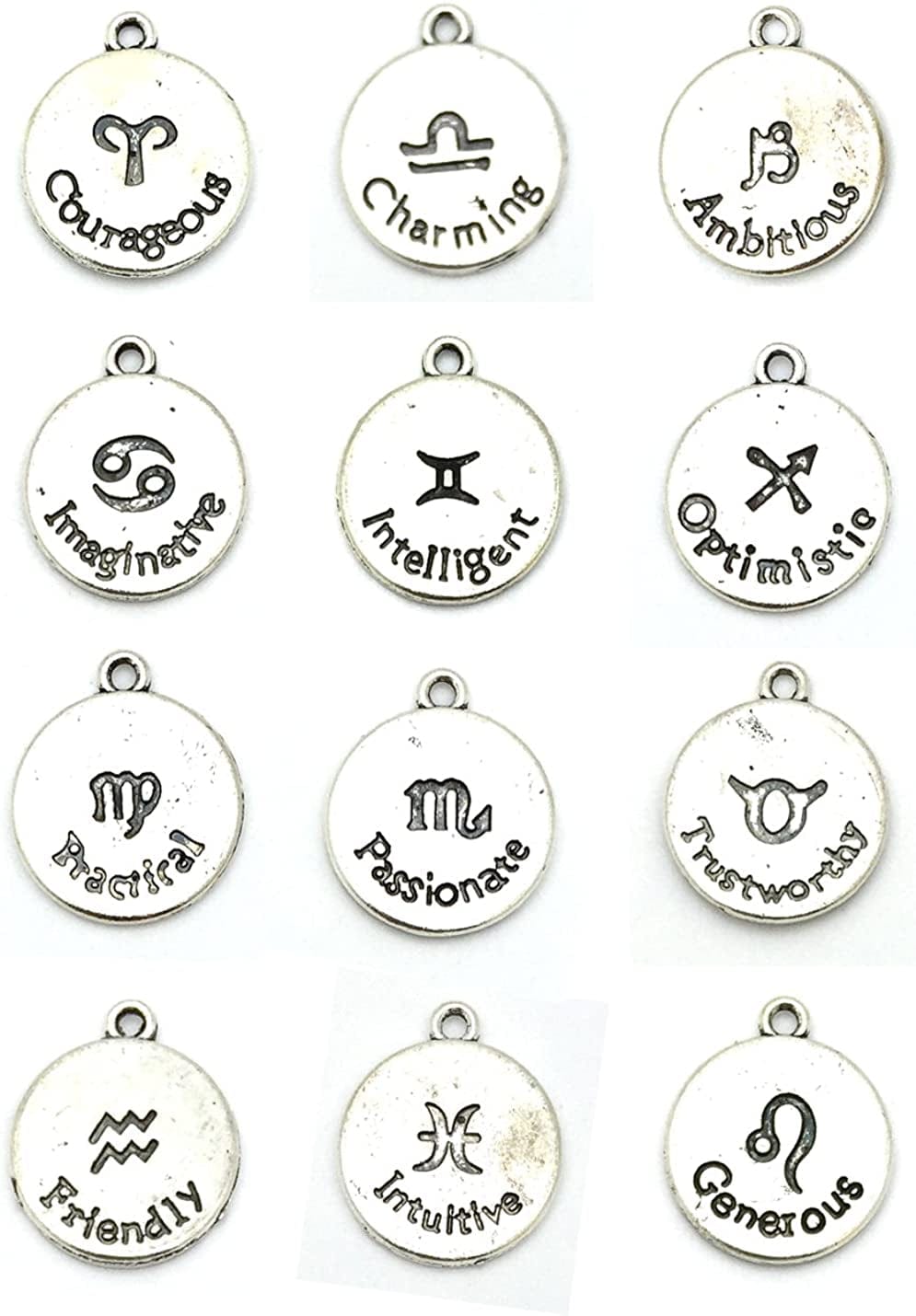 Round Zodiac Sign Charms 12 Constellation Pendants Beads DIY for Necklace Bracelet Jewelry Making and Crafting, 12 PCS Antique Tibetan Silver
