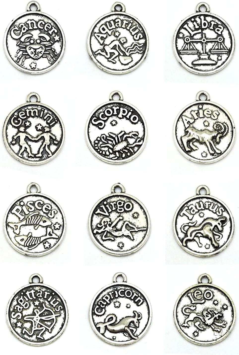 Round Zodiac Sign Charms 12 Constellation Pendants Beads DIY for Necklace Bracelet Jewelry Making and Crafting, 12 PCS Antique Tibetan Silver