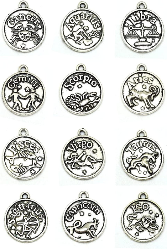 Round Zodiac Sign Charms 12 Constellation Pendants Beads DIY for Necklace Bracelet Jewelry Making and Crafting, 12 PCS Antique Tibetan Silver