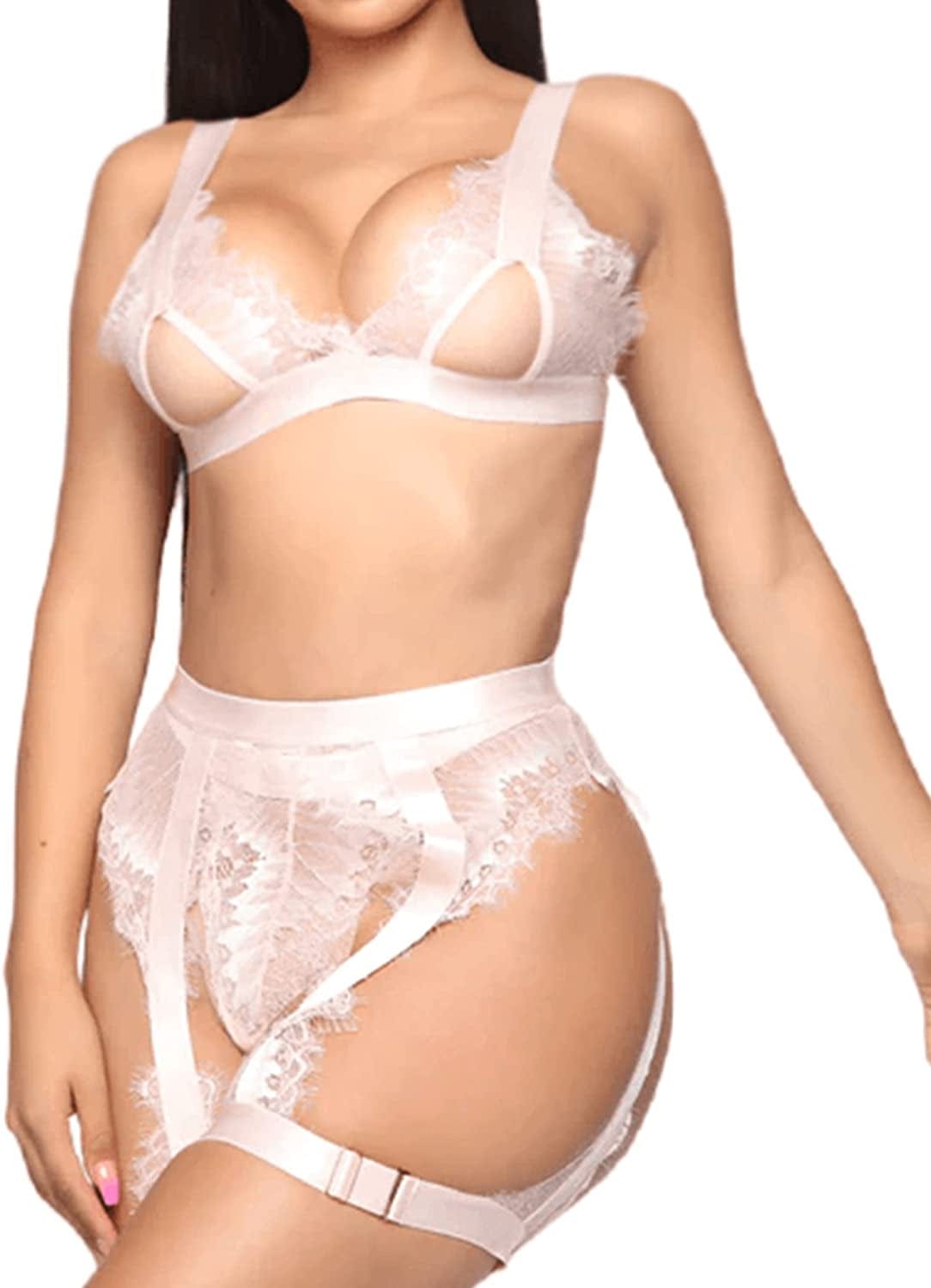 RSLOVE Women Lingerie Set with Garter Belt 3 Piece Lace Strappy Bra and Panty Set Babydoll Bodysuit White / X-Large