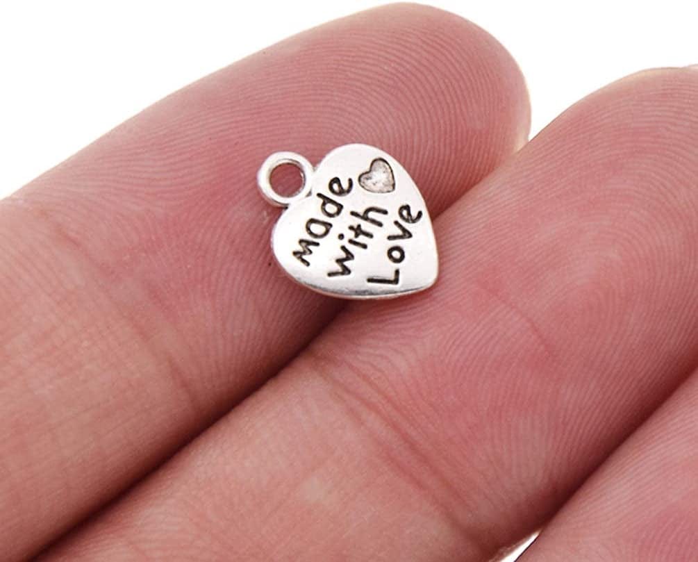 Ruwado 100 Pcs Made with Love Charms Silver Mini Heart Shape Beads for DIY Necklace Bracelets Earring Keychain Jewelry Making Finding Craft Pendants Supplies (Silver)