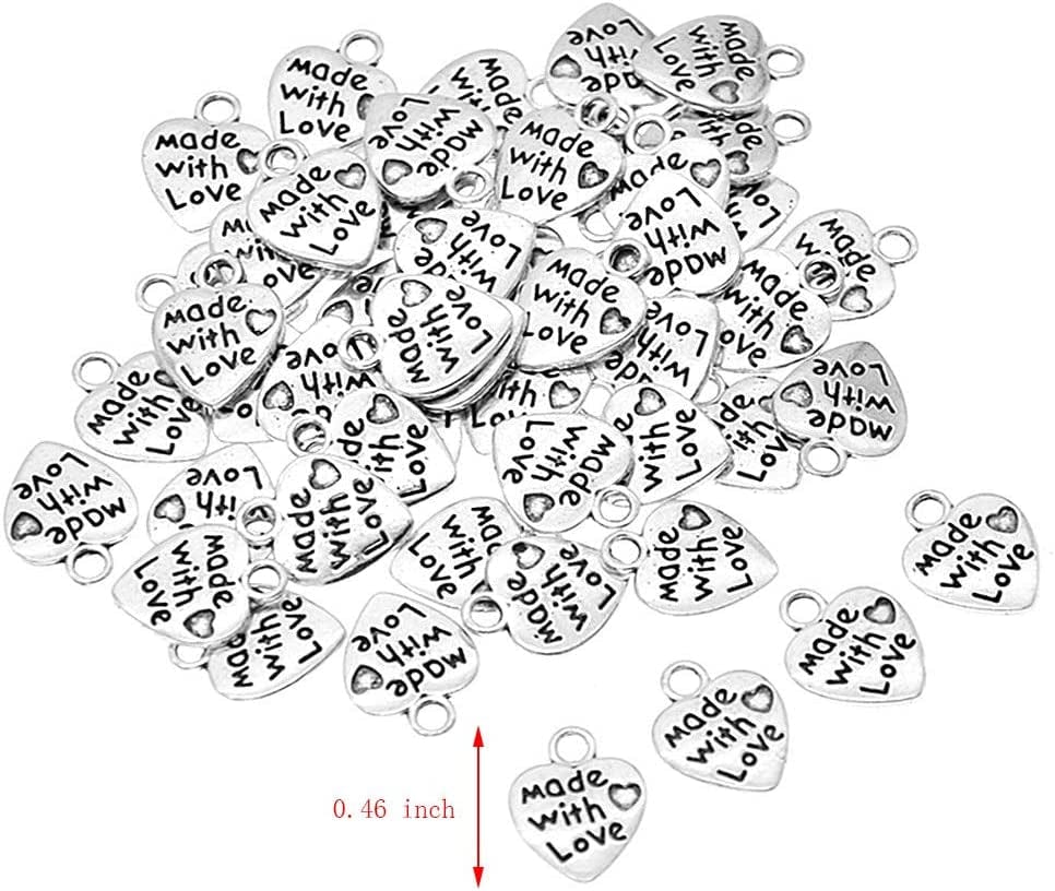 Ruwado 100 Pcs Made with Love Charms Silver Mini Heart Shape Beads for DIY Necklace Bracelets Earring Keychain Jewelry Making Finding Craft Pendants Supplies (Silver)