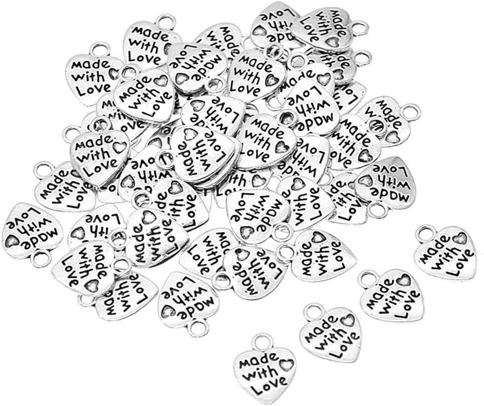 Ruwado 100 Pcs Made with Love Charms Silver Mini Heart Shape Beads for DIY Necklace Bracelets Earring Keychain Jewelry Making Finding Craft Pendants Supplies (Silver)