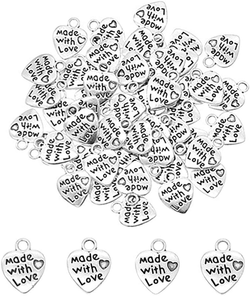 Ruwado 100 Pcs Made with Love Charms Silver Mini Heart Shape Beads for DIY Necklace Bracelets Earring Keychain Jewelry Making Finding Craft Pendants Supplies (Silver)