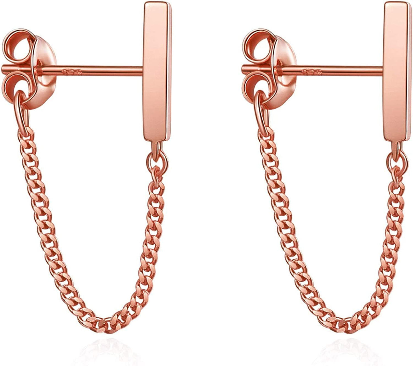 S.Leaf Chain Earrings Sterling Silver Stud Earrings Bar with Chain Dangle Earrings Gold Earrings for Women rose