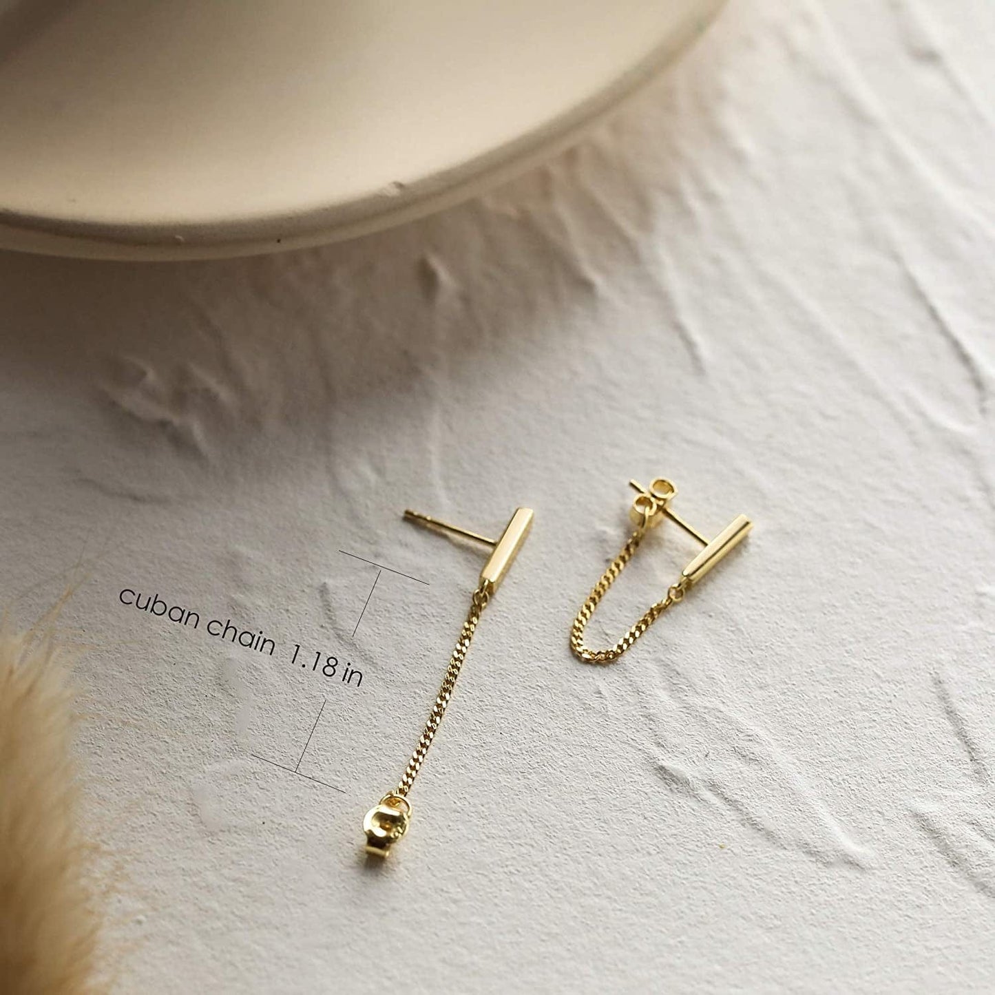 S.Leaf Chain Earrings Sterling Silver Stud Earrings Bar with Chain Dangle Earrings Gold Earrings for Women