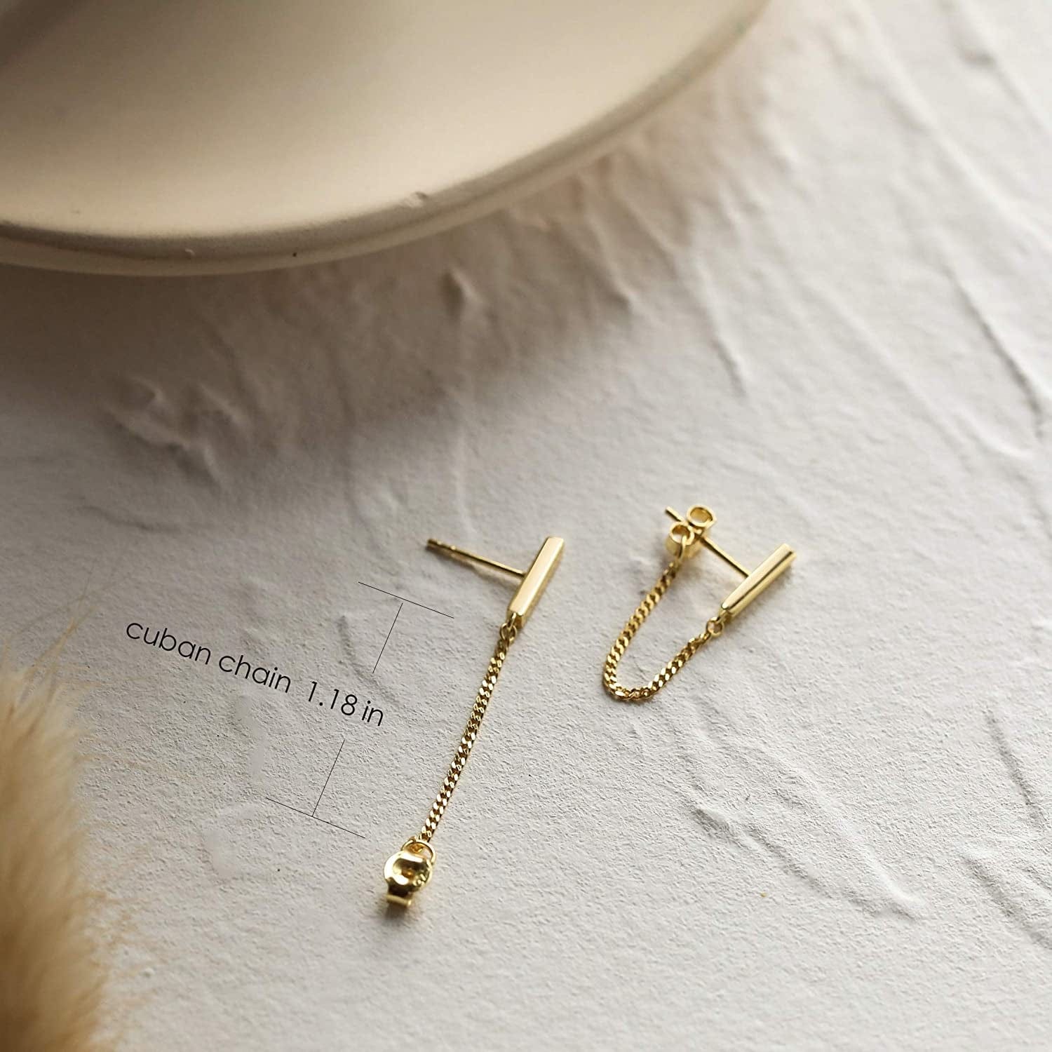 S.Leaf Chain Earrings Sterling Silver Stud Earrings Bar with Chain Dangle Earrings Gold Earrings for Women