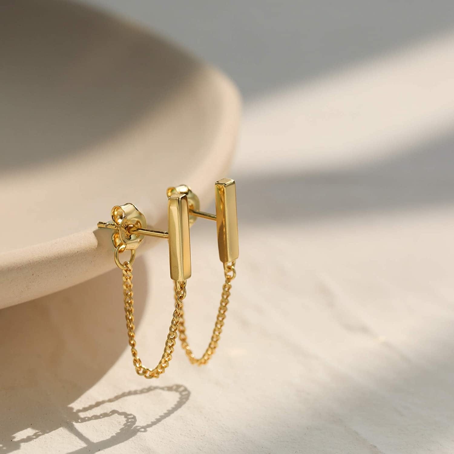S.Leaf Chain Earrings Sterling Silver Stud Earrings Bar with Chain Dangle Earrings Gold Earrings for Women
