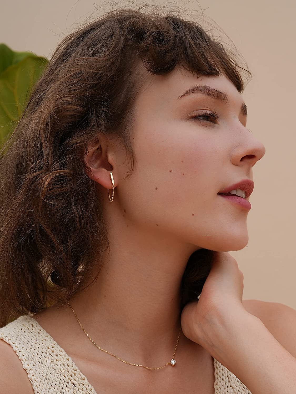 S.Leaf Chain Earrings Sterling Silver Stud Earrings Bar with Chain Dangle Earrings Gold Earrings for Women