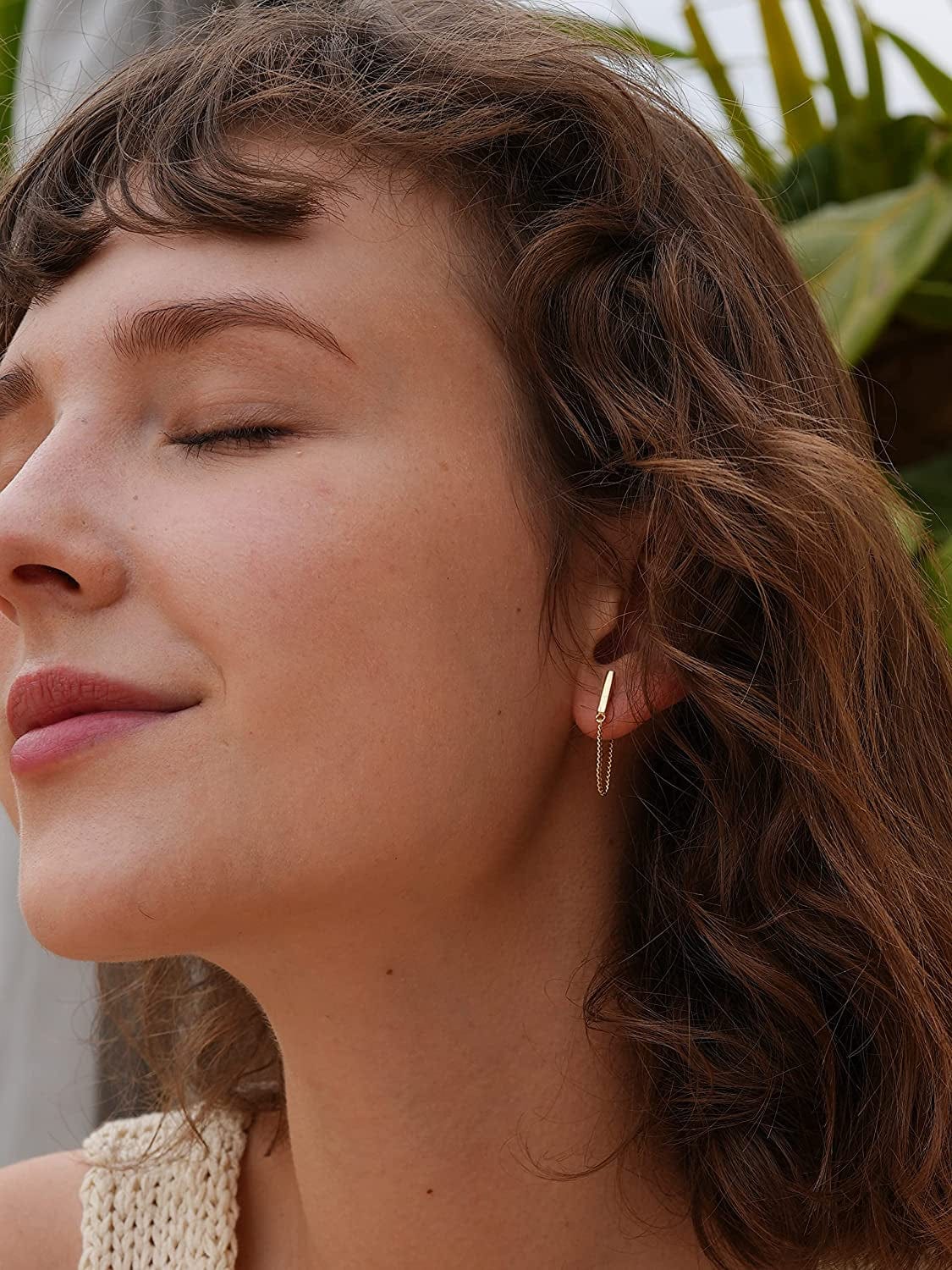 S.Leaf Chain Earrings Sterling Silver Stud Earrings Bar with Chain Dangle Earrings Gold Earrings for Women