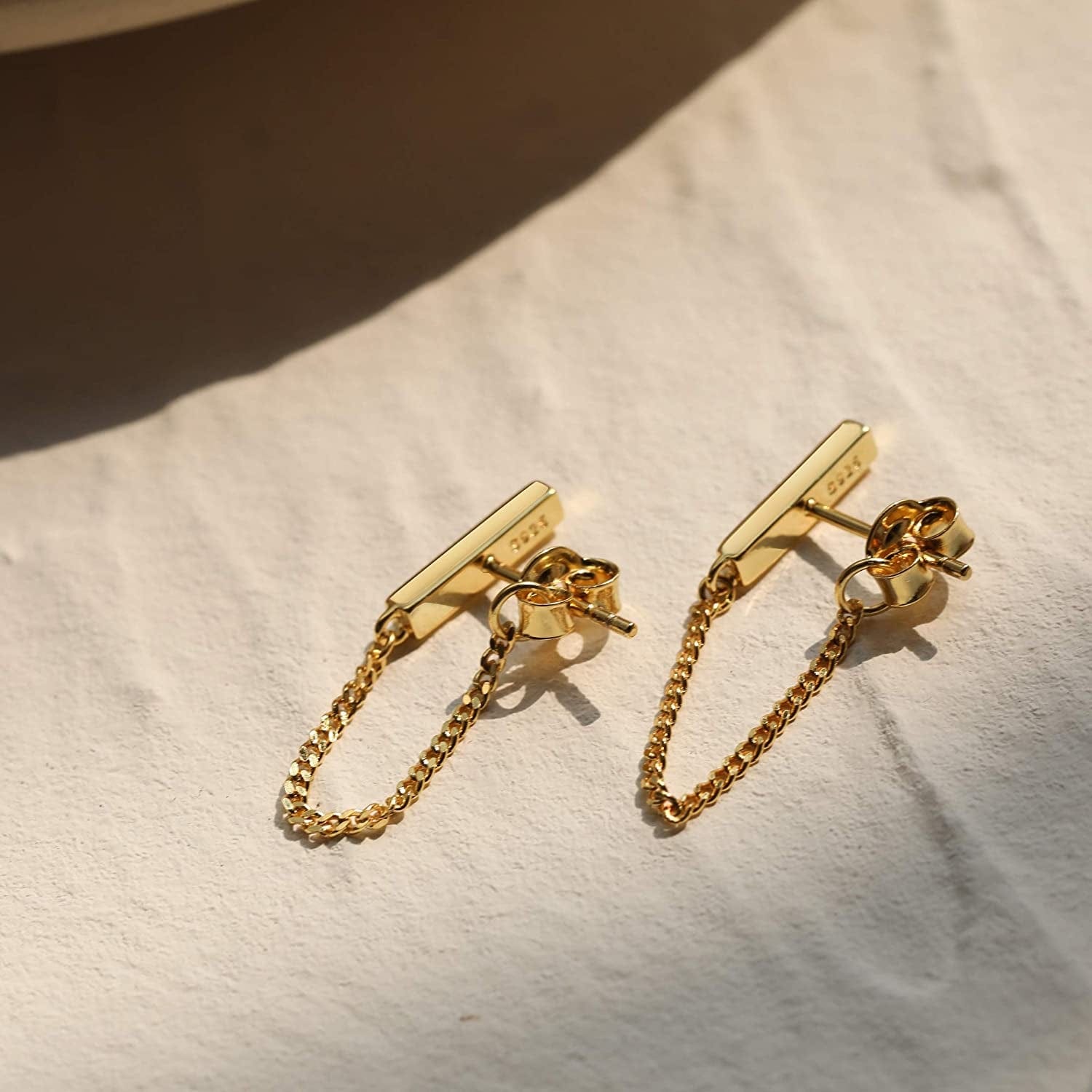 S.Leaf Chain Earrings Sterling Silver Stud Earrings Bar with Chain Dangle Earrings Gold Earrings for Women