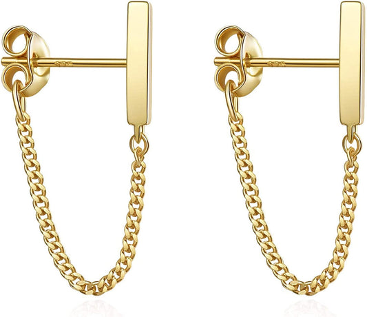 S.Leaf Chain Earrings Sterling Silver Stud Earrings Bar with Chain Dangle Earrings Gold Earrings for Women gold