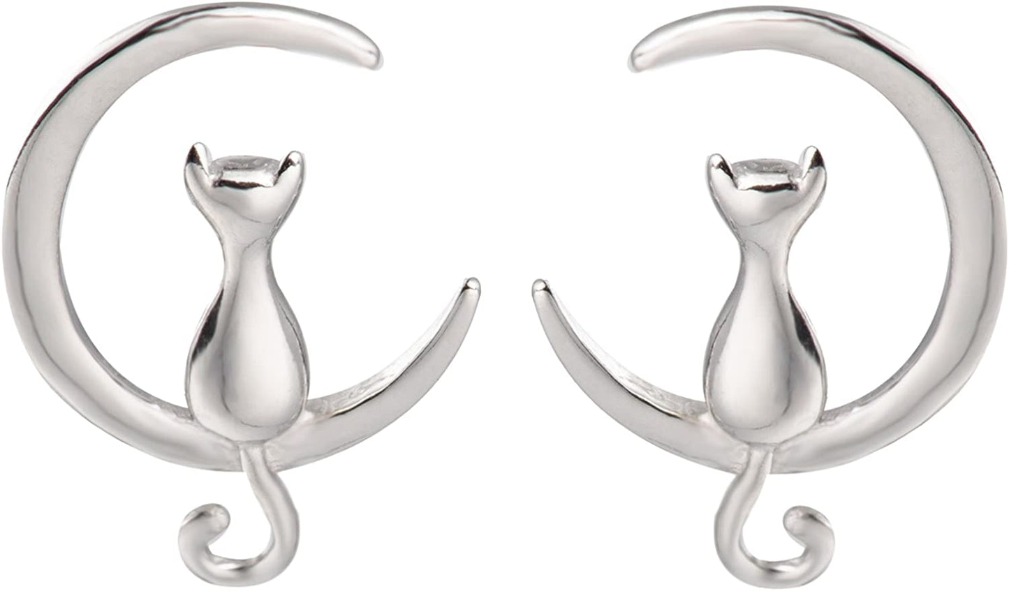 S.Leaf Sterling Silver Earrings Cat Moon Earrings Cat Lovers Gift for Women silver