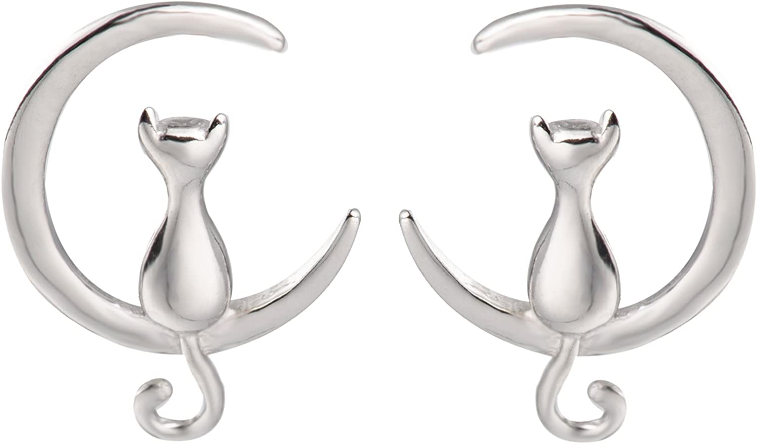 S.Leaf Sterling Silver Earrings Cat Moon Earrings Cat Lovers Gift for Women silver