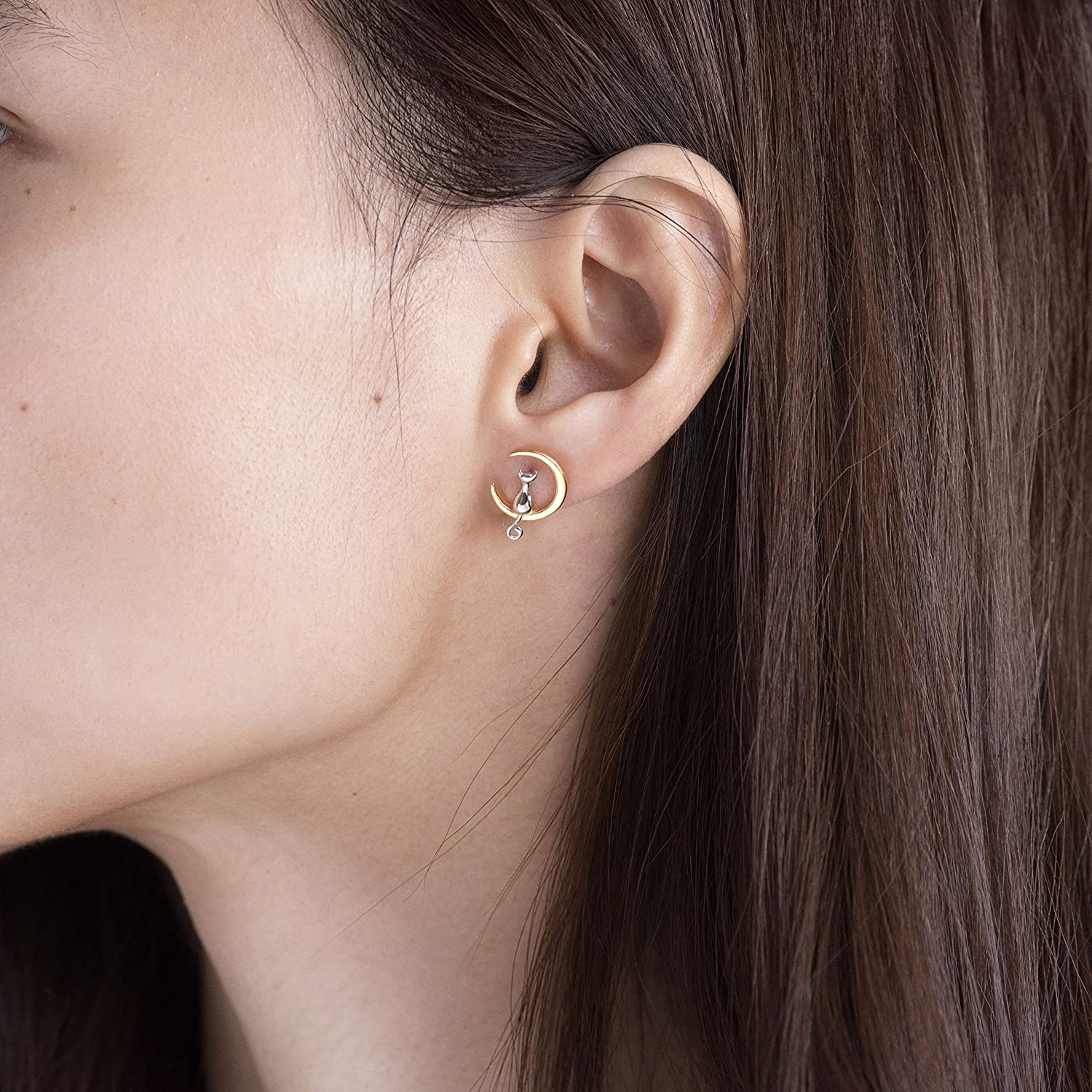 S.Leaf Sterling Silver Earrings Cat Moon Earrings Cat Lovers Gift for Women