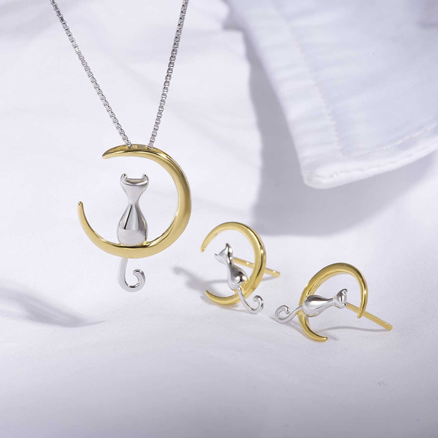 S.Leaf Sterling Silver Earrings Cat Moon Earrings Cat Lovers Gift for Women