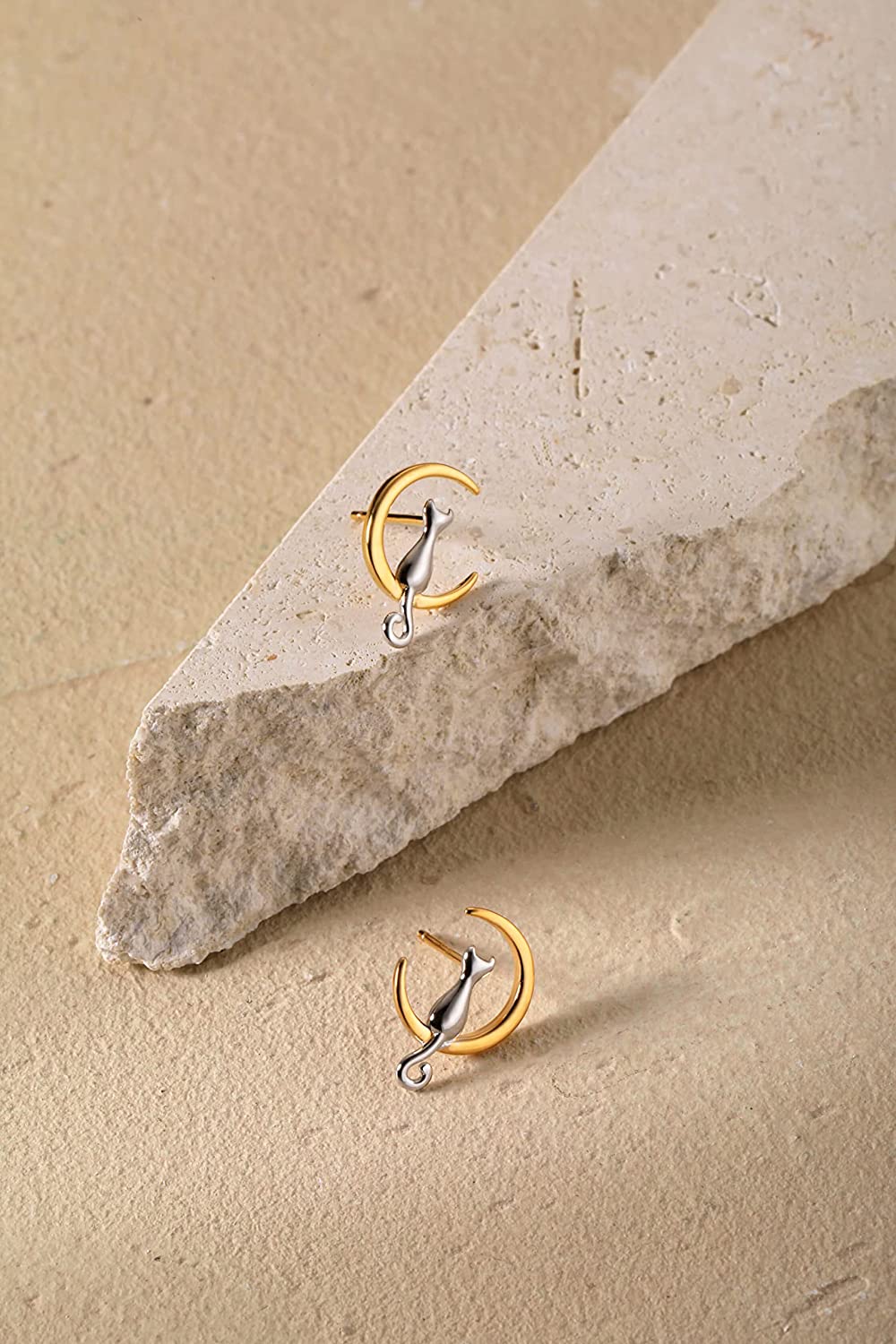 S.Leaf Sterling Silver Earrings Cat Moon Earrings Cat Lovers Gift for Women