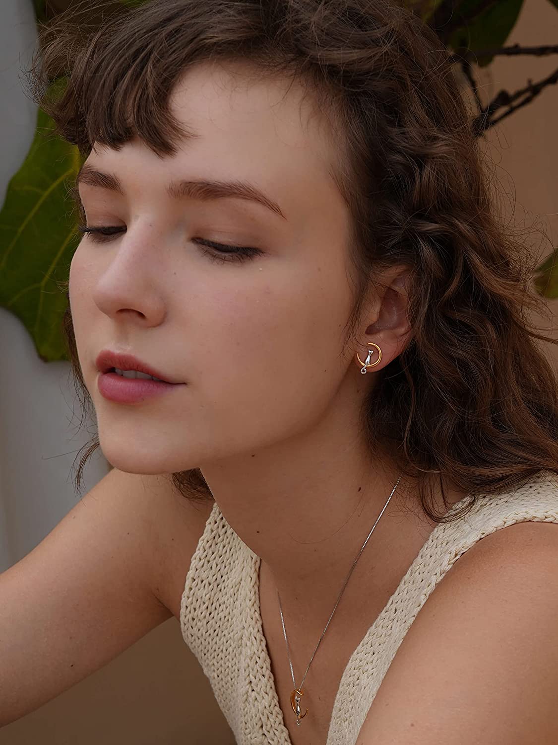 S.Leaf Sterling Silver Earrings Cat Moon Earrings Cat Lovers Gift for Women