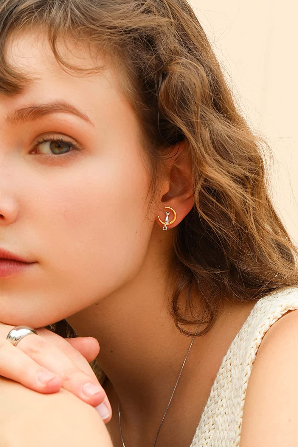 S.Leaf Sterling Silver Earrings Cat Moon Earrings Cat Lovers Gift for Women