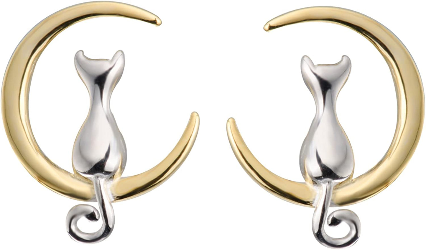 S.Leaf Sterling Silver Earrings Cat Moon Earrings Cat Lovers Gift for Women silver and gold