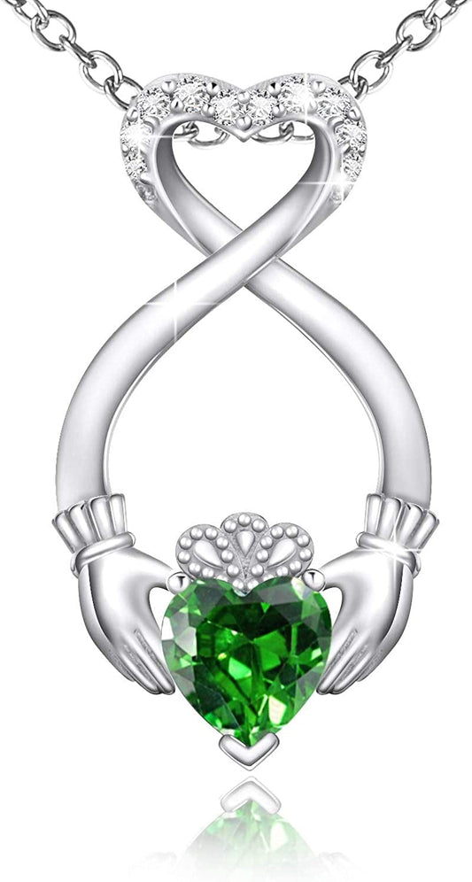S925 Irish Claddagh Eternity Love Pendant Necklace Good Luck Jewelry Gift for Women Girls Ladies Birthday Green