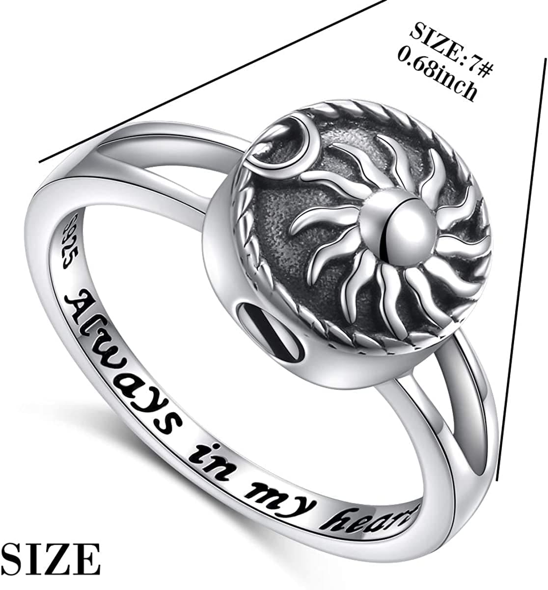 S925 Sterling Silver Always in My Heart Cremation Urn Ring for Ashes Keepsake Urn Jewelry Memorial Ring for Women