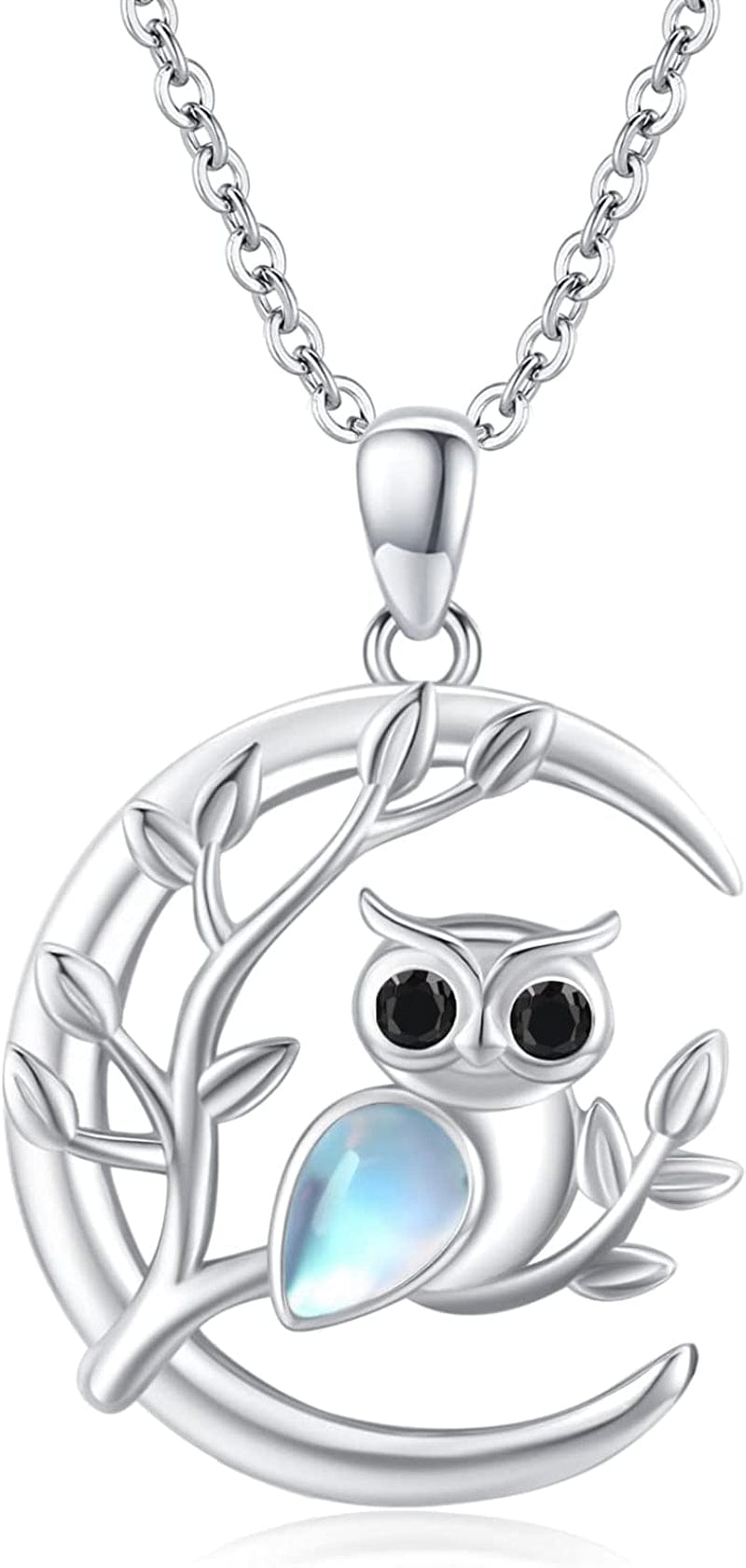 S925 Sterling Silver Bunny Rabbit/Owl/Flamingo/Panda/Unicorn Necklace Crescent Moon Pendant Cute Animal Jewelry Gifts for Women Girls Owl