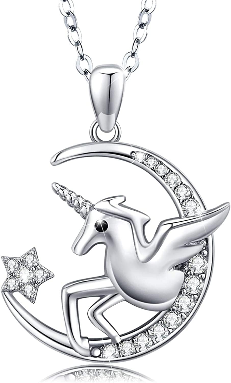 S925 Sterling Silver Bunny Rabbit/Owl/Flamingo/Panda/Unicorn Necklace Crescent Moon Pendant Cute Animal Jewelry Gifts for Women Girls Unicorn