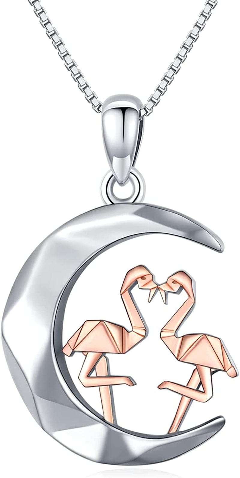 S925 Sterling Silver Bunny Rabbit/Owl/Flamingo/Panda/Unicorn Necklace Crescent Moon Pendant Cute Animal Jewelry Gifts for Women Girls Flamingo