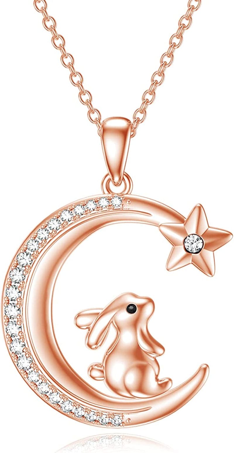 S925 Sterling Silver Bunny Rabbit/Owl/Flamingo/Panda/Unicorn Necklace Crescent Moon Pendant Cute Animal Jewelry Gifts for Women Girls Rose Gold Bunny