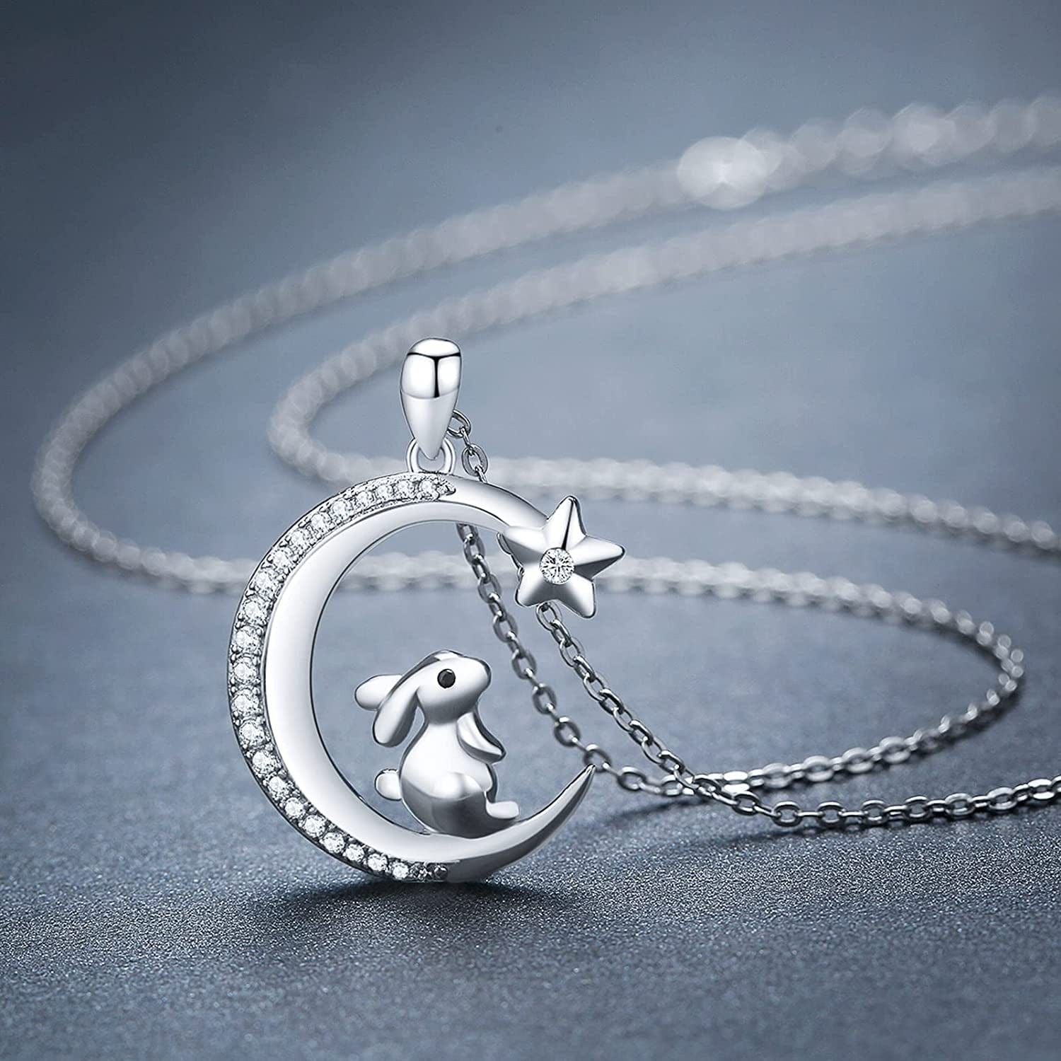 S925 Sterling Silver Bunny Rabbit/Owl/Flamingo/Panda/Unicorn Necklace Crescent Moon Pendant Cute Animal Jewelry Gifts for Women Girls