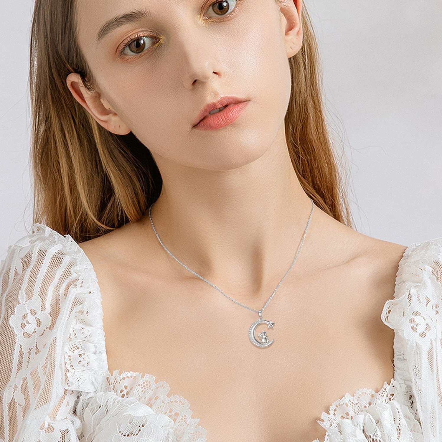 S925 Sterling Silver Bunny Rabbit/Owl/Flamingo/Panda/Unicorn Necklace Crescent Moon Pendant Cute Animal Jewelry Gifts for Women Girls