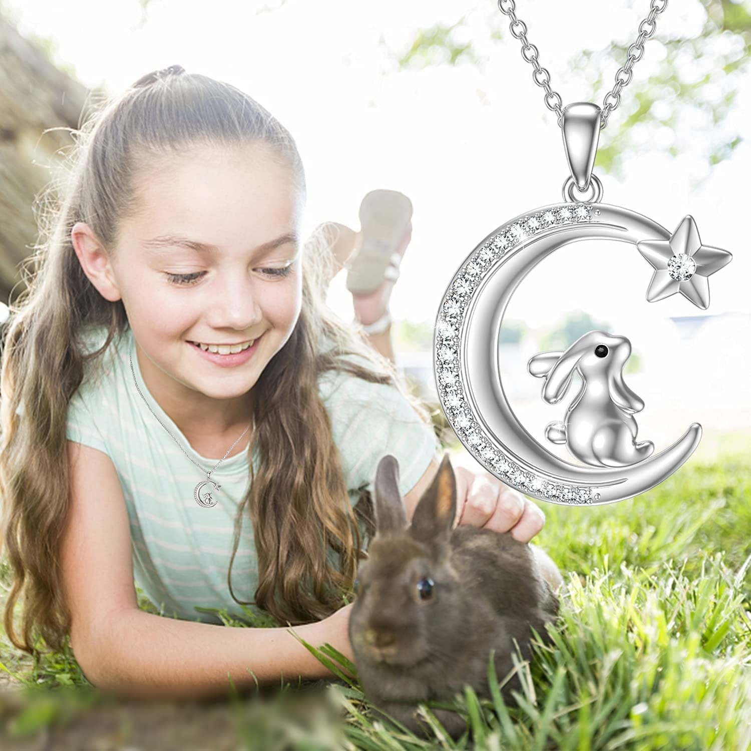 S925 Sterling Silver Bunny Rabbit/Owl/Flamingo/Panda/Unicorn Necklace Crescent Moon Pendant Cute Animal Jewelry Gifts for Women Girls