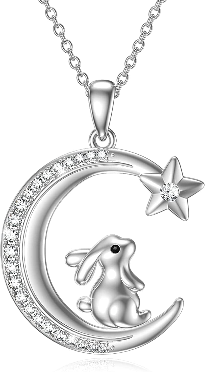S925 Sterling Silver Bunny Rabbit/Owl/Flamingo/Panda/Unicorn Necklace Crescent Moon Pendant Cute Animal Jewelry Gifts for Women Girls Rabbit