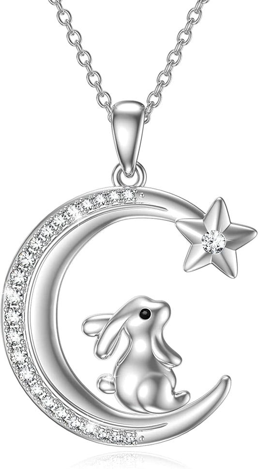 S925 Sterling Silver Bunny Rabbit/Owl/Flamingo/Panda/Unicorn Necklace Crescent Moon Pendant Cute Animal Jewelry Gifts for Women Girls Rabbit